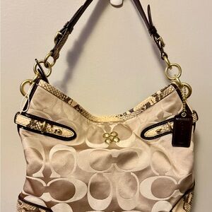 Coach Signature Jacquard Hobo Shoulder Bag w/ Snakeskin Trim